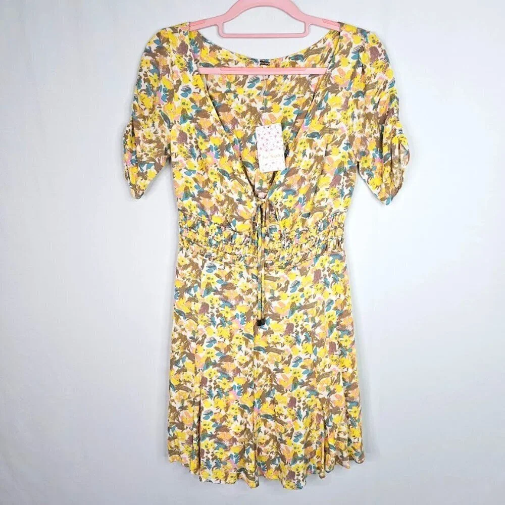 NWT FREE PEOPLE Forget Me Not Mini Dress size 0 XS LILY YELLOW BLUE PINK FLORAL - Picture 3 of 11